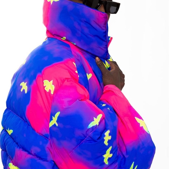 Vibrant Blue and Pink Women's Puffer Jacket - Picture 2 of 3